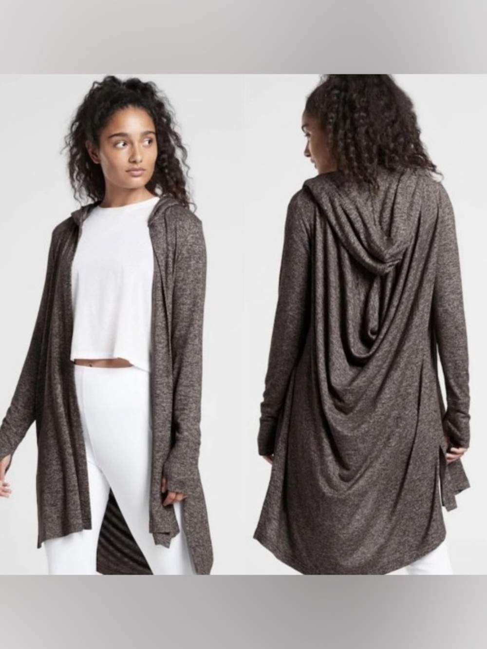 Athleta Gray Hooded Long Cardigan